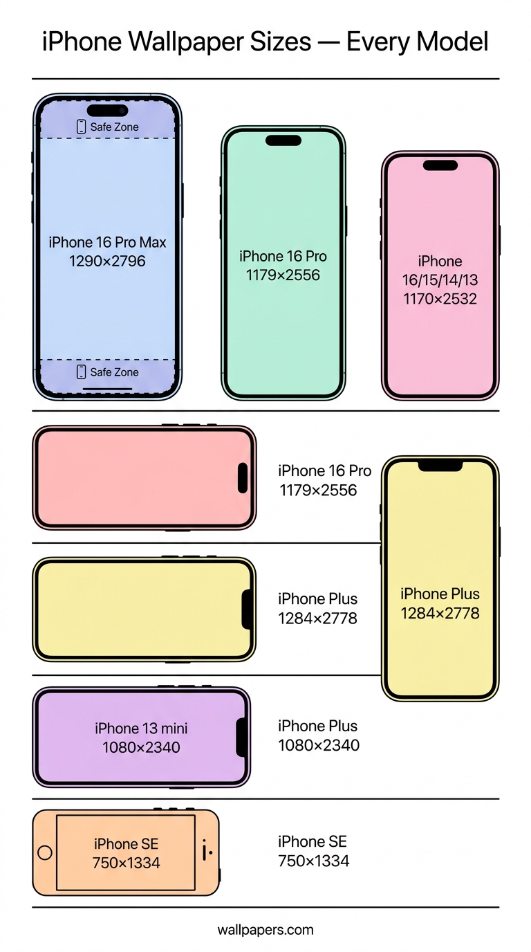 iPhone Wallpaper Sizing Guide — Every Model infographic