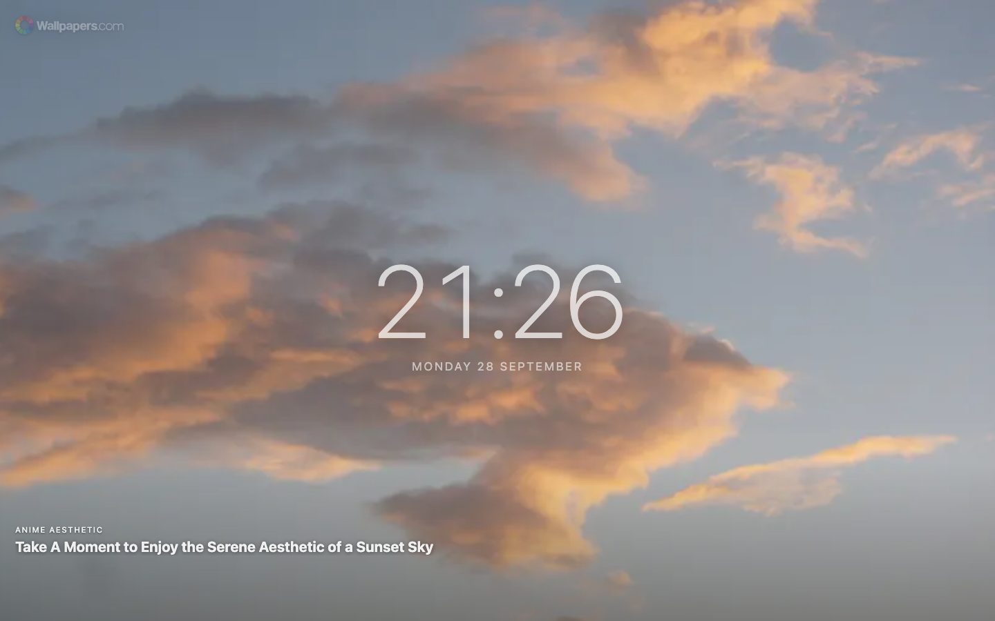 Tab baru dengan jam besar dan tanggal di atas wallpaper langit senja